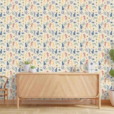 Colorful botanical wallpaper featuring lush green leaves, vibrant florals in shades of pink, yellow, and orange. Detailed motifs, interweaving vines and blooming flowers evoke a vacation retreat.