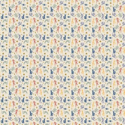 A seamless wallpaper pattern featuring abstract botanical designs. Off-white background with shapes and silhouettes of leaves, branches, and flowers in shades of blue, yellow, and red. Whimsical and lively look perfect for travel-themed projects.