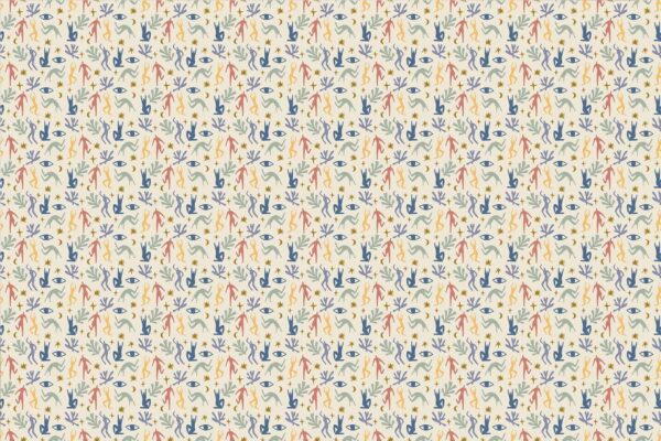 A seamless wallpaper pattern featuring abstract botanical designs. Off-white background with shapes and silhouettes of leaves, branches, and flowers in shades of blue, yellow, and red. Whimsical and lively look perfect for travel-themed projects.