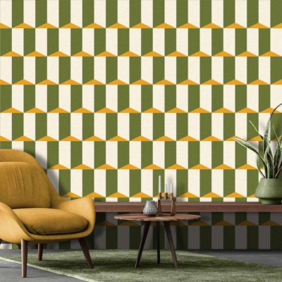 The wallpaper in the mid-century modern living room features a striking geometric pattern with shades of green and yellow. The design includes interlocking shapes such as triangles and hexagons, creating a visually dynamic background that catches the eye. The green tones range from light lime to deep forest, while the yellows vary from soft pastel to rich mustard, seamlessly complementing the room’s decor. This bold pattern is quintessential for invoking retro vibes and would serve as an ideal backdrop for relaxation after planning your next travel club vacation.
