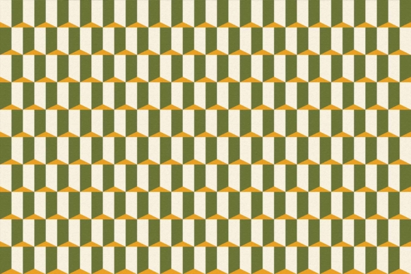 Wallpaper features vertical stripes in **green** and **white**, interspersed with alternating triangles in **orange** and **green**, creating an optical illusion of three-dimensional cubes. Ideal for a trendy vacation vibe. Key elements: geometric pattern, vertical stripes, green, white, orange triangles, 3D cubes.