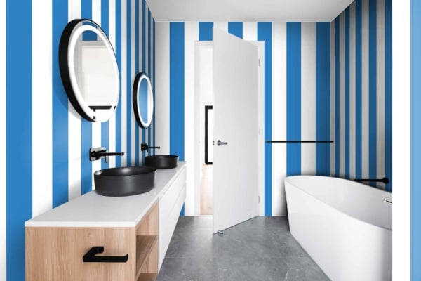 Modern bathroom wallpaper by The Right Stripe: blue and white vertical stripes.