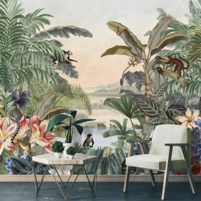 The mural wallpaper showcases a lush tropical jungle teeming with vibrant flowers in shades of pink, red, and yellow. Various plants such as ferns, palms, and large-leafed greenery cover the background. A playful monkey swings from a vine while a colorful bird perches on a branch nearby. The serene landscape includes subtle gradients of green with hints of blue to depict distant foliage and sky. The rich palette includes deep greens, bright floral hues, earthy browns from tree trunks and branches, complemented by pops of vivid bird plumage in reds, blues, and yellows.