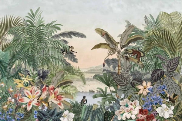 A lush tropical wallpaper featuring vibrant flowers in reds, oranges, and pinks, green foliage, colorful birds in hues of blue and yellow, monkeys with brown fur. Serene body of water reflecting the sky; distant hill silhouettes. Clear blue sky as the backdrop. Perfect vacation spot essence captured through vivid colors and natural elements.