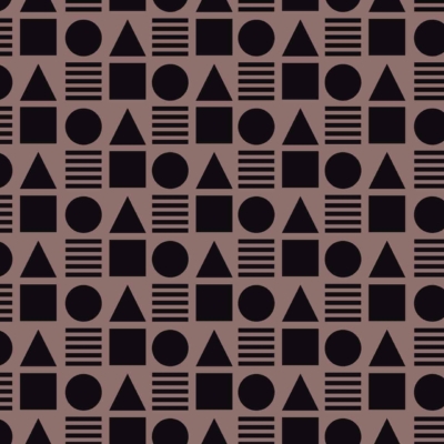 Seamless pattern wallpaper featuring rows of black geometric shapes on a brown background. Elements include circles, triangles, squares, and parallel horizontal lines in a repeating sequence. Capturing African artistry with black and brown color contrast.