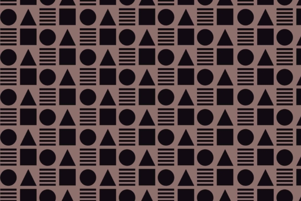 Seamless pattern wallpaper featuring rows of black geometric shapes on a brown background. Elements include circles, triangles, squares, and parallel horizontal lines in a repeating sequence. Capturing African artistry with black and brown color contrast.
