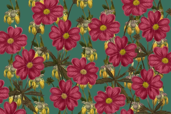 Vibrant red flowers with yellow centers, clusters of small yellow buds, teal background, balanced and visually pleasing daisy chain design.