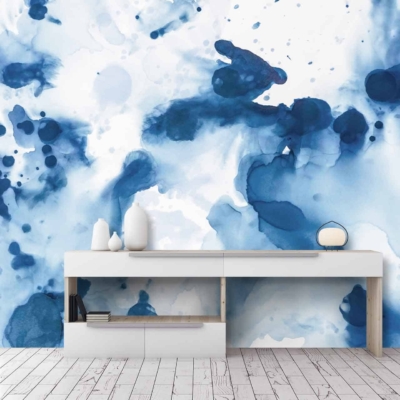 Striking blue and white abstract wall mural, resembling watercolor splashes.