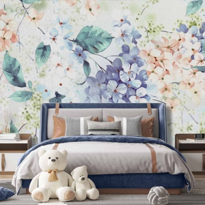 Floral mural wallpaper featuring light pink, blue, and green flowers.
