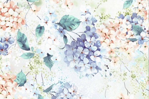A watercolor wallpaper adorned with an array of flowers, primarily featuring blue, pink, and white hydrangeas. Green leaves are interspersed among the blossoms, creating a delicate floral pattern against a light background. This serene botanical art piece uses soft hues to evoke tranquility. Perfect for adding an elegant touch to any room.