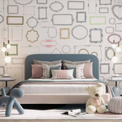 The wallpaper is a soft pastel blue with delicate white floral patterns and hints of pink.