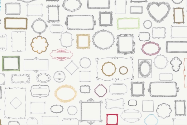 Wallpaper featuring a variety of picture frames in various shapes and sizes, including both rectangular and oval designs. Some frames have intricate, decorative borders and come in colors like gold, green, red, and grey. The background is white.