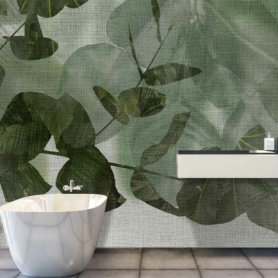 The wallpaper features a large green leaf-patterned mural. It showcases vibrant shades of green with intricate leaf designs, adding a touch of nature and creating a calming ambiance. The focus on natural elements and lush greenery provides a serene backdrop for the modern bathroom.