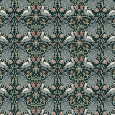 The wallpaper features a symmetrical pattern with dark green and soft pink floral elements. The design showcases elegant curves and intricate leaves, exuding a vintage, ornate style. This classical wallpaper includes seamless botanical motifs throughout, emphasizing the use of dark green and soft pink colors against an ornate backdrop.