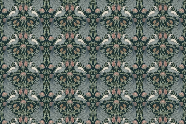 The wallpaper features a symmetrical pattern with dark green and soft pink floral elements. The design showcases elegant curves and intricate leaves, exuding a vintage, ornate style. This classical wallpaper includes seamless botanical motifs throughout, emphasizing the use of dark green and soft pink colors against an ornate backdrop.