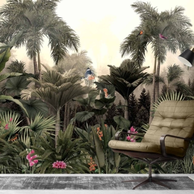 The wallpaper features a lush, tropical forest theme with green palm trees, exotic plants in various shades of green, vibrant birds in red, blue, and yellow, and colorful butterflies. The backdrop is rich with foliage patterns and earthy tones that bring nature indoors.