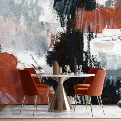 Bold abstract mural featuring shades of rust, black, white, and gray.