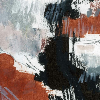 Dynamic abstract painting in wallpaper form featuring broad, overlapping brushstrokes in shades of black, white, gray, and rusty orange. The composition includes a mix of darker and lighter areas, conveying movement and rough texture. Ideal for any collection seeking modern artistic flair.