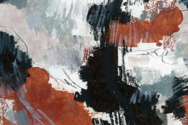 Dynamic abstract painting in wallpaper form featuring broad, overlapping brushstrokes in shades of black, white, gray, and rusty orange. The composition includes a mix of darker and lighter areas, conveying movement and rough texture. Ideal for any collection seeking modern artistic flair.