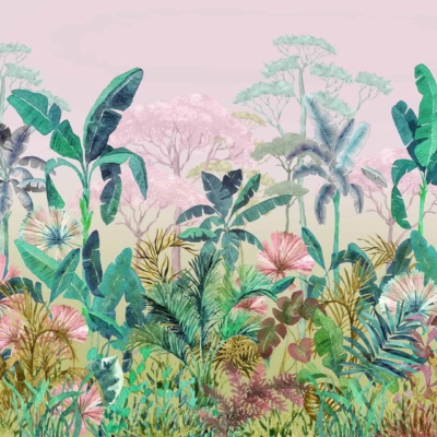 A vibrant wallpaper scene of a lush, reimagined tropical jungle featuring an array of green and pink plants, leaves, and trees against a soft pink and beige sky. The dense foliage includes large banana leaves, ferns, and colorful flowers in rich hues of green. The textured paradise is highlighted by bright pink blooms interspersed with the greenery.
Key elements: lush tropical jungle, green and pink plants/leaves/trees, large banana leaves, ferns, colorful flowers.
Colors: green foliage, bright pink accents, soft pink sky with beige tones.