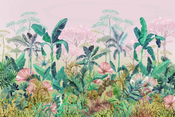 A vibrant wallpaper scene of a lush, reimagined tropical jungle featuring an array of green and pink plants, leaves, and trees against a soft pink and beige sky. The dense foliage includes large banana leaves, ferns, and colorful flowers in rich hues of green. The textured paradise is highlighted by bright pink blooms interspersed with the greenery. 

Key elements: lush tropical jungle, green and pink plants/leaves/trees, large banana leaves, ferns, colorful flowers.
Colors: green foliage, bright pink accents, soft pink sky with beige tones.