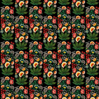 A vibrant, dense floral wallpaper features various flowers in bright colors: red, yellow, and white. Large green leaves enhance the design, all set against a black background. The repetitive arrangement creates a striking, colorful tapestry-like pattern.