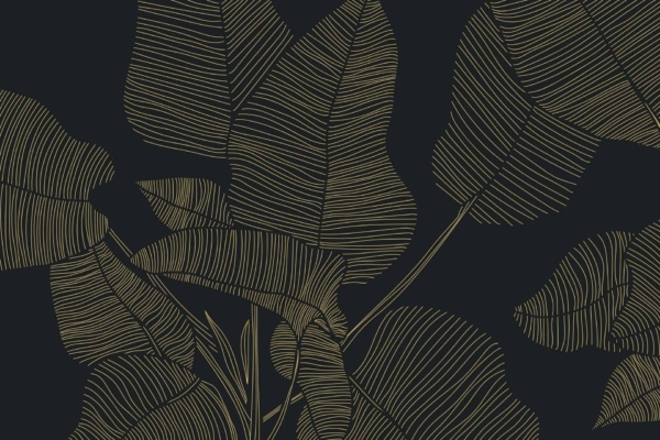 Dark background, tropical leaves pattern, intricate fine-lined details, contrasting light color, Sweet Peony elements, dense and layered appearance.