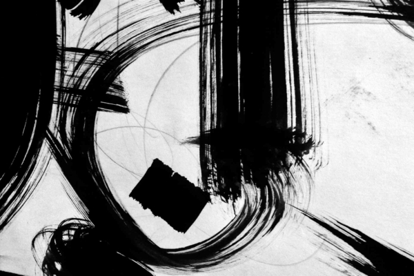 Abstract black ink brush strokes and lines on a white background, featuring bold, sweeping curves and intersecting shapes. Includes a rough, rectangular black patch for added texture and contrast. Elements: brush strokes, lines, curved shapes, rectangular patch. Colors: black and white.