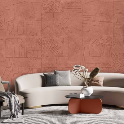 The wallpaper features a textured, terracotta geometric pattern inspired by Indonesian designs. It consists of warm, earthy tones with intricate shapes and motifs. Elements include repeating triangles, diamonds, and lines forming an elaborate tapestry-like effect. Colors are primarily terracotta with accents of muted orange and deep clay hues.