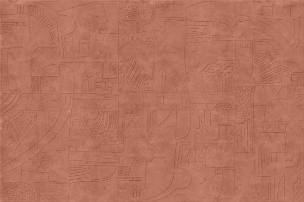 Abstract art with intricate etched patterns inspired by Indonesia features geometric shapes and lines in a seemingly random arrangement. The wallpaper is entirely in shades of terracotta, presenting a textured, warm-toned appearance. Key elements include geometric shapes, lines, intricate patterns, and terracotta shades.