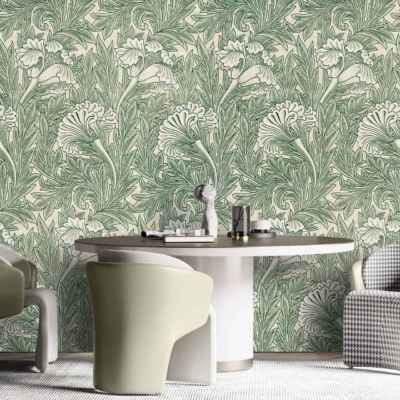 Detailed floral wallpaper, reminiscent of Indonesia's lush landscapes, featuring shades of green and beige.