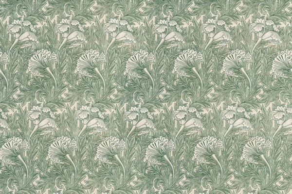 A detailed, repeating pattern of intricately designed flowers and leafy vines in shades of green and white. The floral design appears vintage with an ornate, hand-drawn aesthetic reminiscent of Indonesia's traditional art. Key elements include intricate flowers, leafy vines, vintage style, hand-drawn look, symmetrical layout. Colors featured are various shades of green and white.