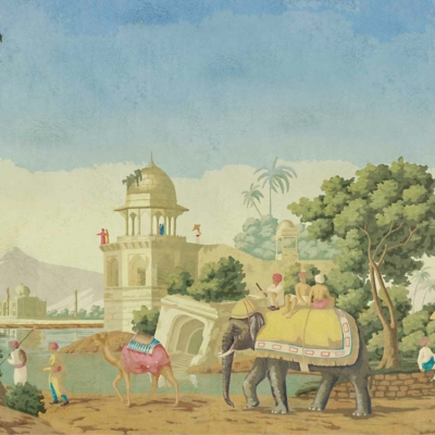 Ancient, scenic wallpaper features travelers with an elephant and camel along a riverbank. Domed buildings, tall monument, lush trees, distant mountains in backdrop. People in traditional attire. Rich earth tones: browns, greens, blues with gold accents.