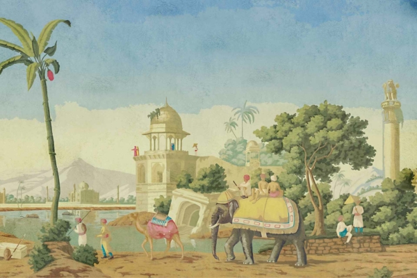 Ancient, scenic wallpaper features travelers with an elephant and camel along a riverbank. Domed buildings, tall monument, lush trees, distant mountains in backdrop. People in traditional attire. Rich earth tones: browns, greens, blues with gold accents.