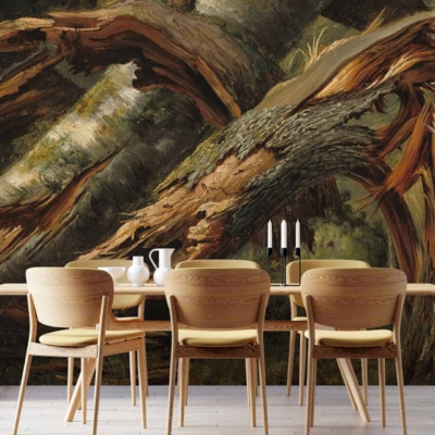 A large mural featuring fallen tree trunks with rich, textured bark. The detailed illustration evokes an enchanting outdoor forest setting. Dominant elements include the rough texture of the bark and earthy tones of brown and green, capturing a natural woodland ambiance with intricate, lifelike details.