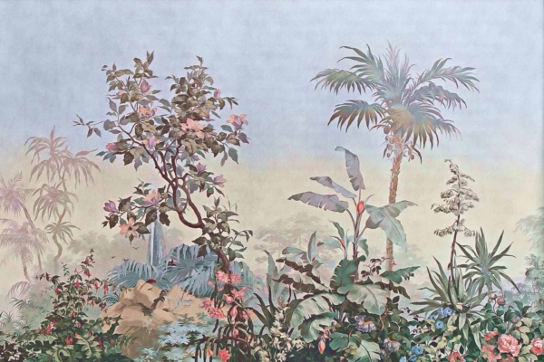Discover an intricate mural depicting a tropical garden on wallpaper. This vibrant scene features palm trees, bright colorful flowers, and dense bushes set against a subtle, misty background. The lush greens and vibrant hues create an exotic, serene ambiance perfect for transportive decor.