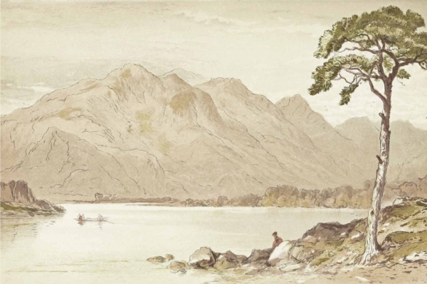 A serene lakeside scene wallpaper features:
- A single tall tree in the foreground with varying shades of green leaves and a textured brown trunk.
- Rocky shoreline with grayish-blue and earthy tones.
- A person sitting by the shore, detailed with subtle colors like muted blues or grays.
- Mountainous hills in the background shaded in soft greens and dusky blues.
- Calm lake water with reflections, colored in tranquil blues and light greys.
- Two small boats floating, depicted in gentle hues such as white or beige.
- Partly cloudy sky blending whites, light grays, and patches of blue.
This serene lakeside scene captures natural beauty through calming colors and tranquil elements.