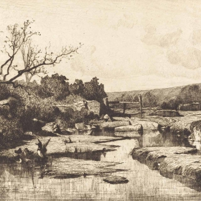Vintage-style etched landscape wallpaper features a calm river, rocky terrain, sparse trees, and shrubs. Background includes a hillside and cloudy sky. Earthy tones dominate with shades of green, brown, blue, and gray. Peaceful rural scene depicted intricately.