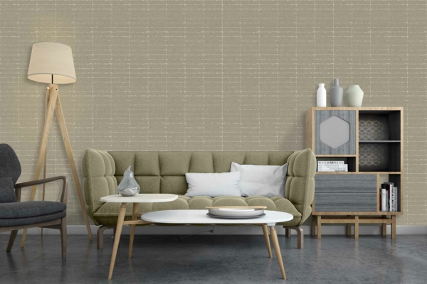 The wallpaper in the modern living room is beige and textured. It serves as a neutral backdrop. The color beige can be easily found and recognized.