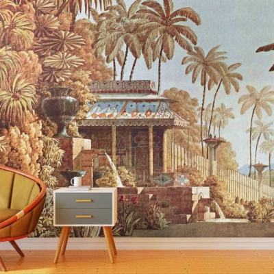 Vintage tropical-themed wallpaper, lush palm trees, garden pavilion, reminiscent of Venice. Elements include rich greenery and architectural motifs in soothing hues. Predominant colors are various shades of green for the foliage, muted blues and grays for architectural elements, soft browns and beiges representing natural wood or stone textures.