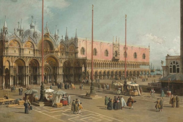 The wallpaper showcases a lively Piazza San Marco in Venice, featuring intricate depictions of St. Mark's Basilica with its gleaming gold mosaics and the Gothic architecture of Doge’s Palace. Vibrant market stalls and vendors are illustrated in rich reds, yellows, and blues. Tall flagpoles punctuate the scene, adding vertical interest against a backdrop of soft pastel skies. People dressed in varied clothing colors animate the foreground, making this an essential visual for any travel enthusiast's collection.