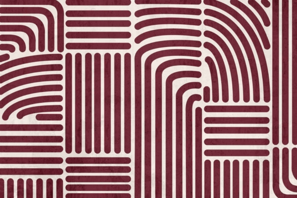 Abstract image of a far-fetched geometric pattern featuring maroon stripes on a light background. The design includes repetitive looping shapes and parallel lines, giving it a maze-like appearance. The overall look is symmetrical and visually intricate, showcasing elements like symmetry, loops, parallel lines, maroon hues against a light backdrop. Ideal for search terms: "maroon geometric wallpaper," “symmetrical stripe pattern,” “maze-like design,” “intricate looping shapes.”