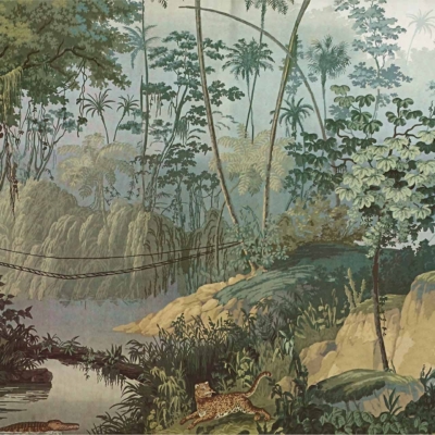 Wallpaper features:
- Lush, dense jungle scene
- Various tropical trees and plants
- Central stream with rustic bridge in background
- Alligator near stream
- Leopard mid-stride among vegetation
- Misty hills in the background

Color palette:
- Rich greens (foliage)
- Browns and tans (bridge, alligator, leopard)
- Blues and teals (stream water)
- Soft grays (misty hills) 

Keywords: jungle wallpaper, tropical scene, alligator design, leopard pattern.