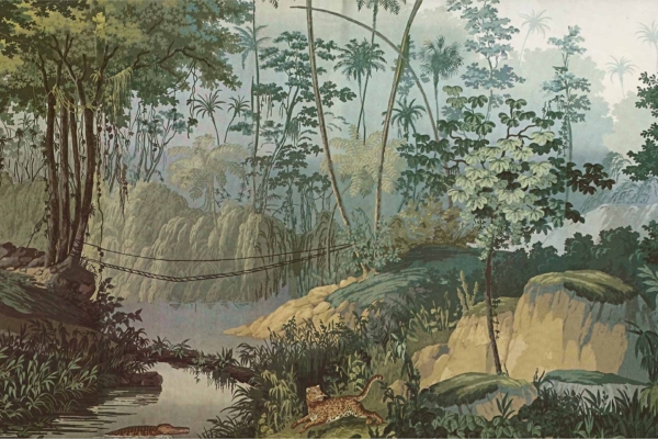 Wallpaper features:
- Lush, dense jungle scene
- Various tropical trees and plants
- Central stream with rustic bridge in background
- Alligator near stream
- Leopard mid-stride among vegetation
- Misty hills in the background
Color palette:
- Rich greens (foliage)
- Browns and tans (bridge, alligator, leopard)
- Blues and teals (stream water)
- Soft grays (misty hills)
Keywords: jungle wallpaper, tropical scene, alligator design, leopard pattern.