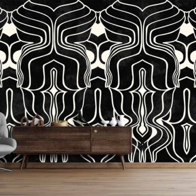 The wallpaper features an intricate, symmetrical abstract design in black and white, creating a bold and striking accent.