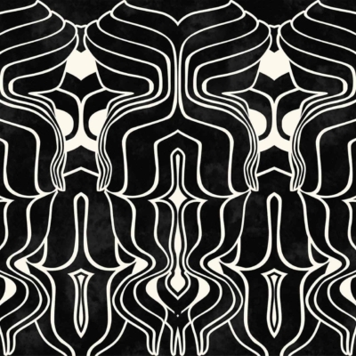 A black and white abstract pattern with symmetrical, flowing, and intertwining lines. Intricate shapes evoke organic, stylized forms with a sense of movement and fluidity. Dreamy elegance akin to wisteria. Key elements: black, white, symmetrical lines, organic forms, movement, fluidity.