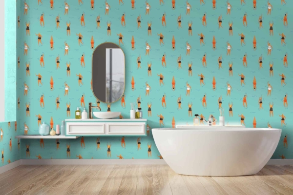 Bright bathroom with **turquoise wallpaper** featuring a **whimsical pattern** of **red foxes**, their eyes and fur details in shades of white and black. The playful design presents foxes in various poses, surrounded by subtle forest elements like small trees and shrubs in soft green.