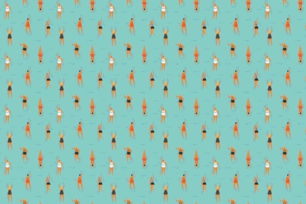 Teal background wallpaper with a repeated pattern of orange and white human figures dancing. Figures appear in various dance poses, some mid-motion and partly undressed. Rhythmic design elements with dynamic movement highlighted by contrasting colors.
