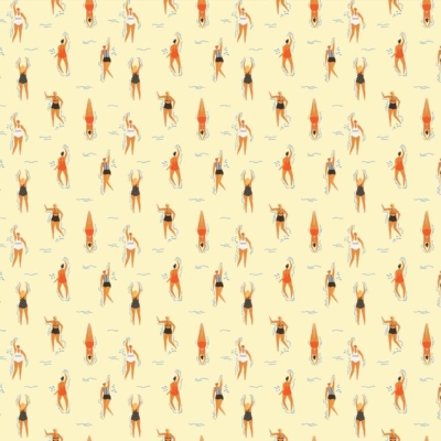 Repeating pattern with small, stylized figures of surfers and dancers. Vintage swimsuits in orange, black, and white. Light yellow background. Dynamic poses enhance retro fashion vibe.