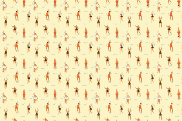 Repeating pattern with small, stylized figures of surfers and dancers. Vintage swimsuits in orange, black, and white. Light yellow background. Dynamic poses enhance retro fashion vibe.